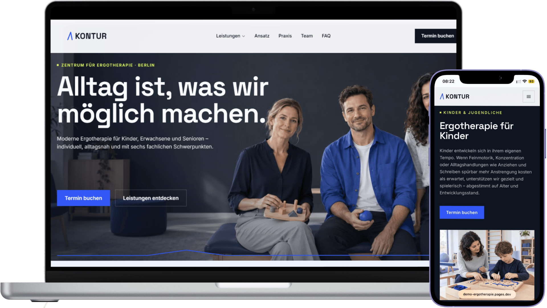 Mockup der Demo-Website „KONTUR - Ergotherapie“ auf Laptop und Smartphone
