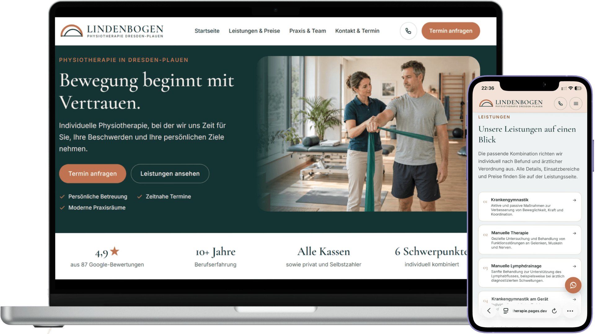 Mockup der Demo-Website „LINDENBOGEN - Physiotherapie“ auf Laptop und Smartphone