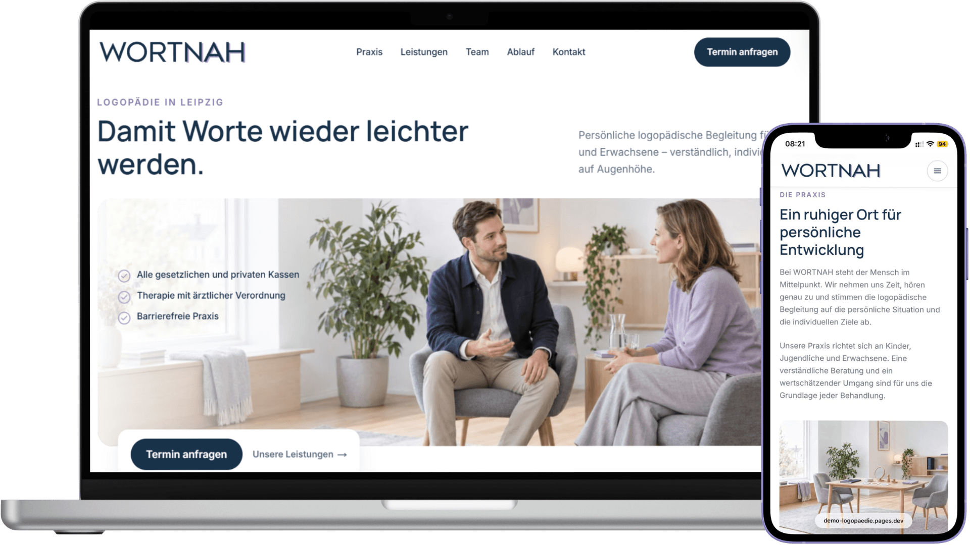 Mockup der Demo-Website „WORTNAH - Logopädie“ auf Laptop und Smartphone