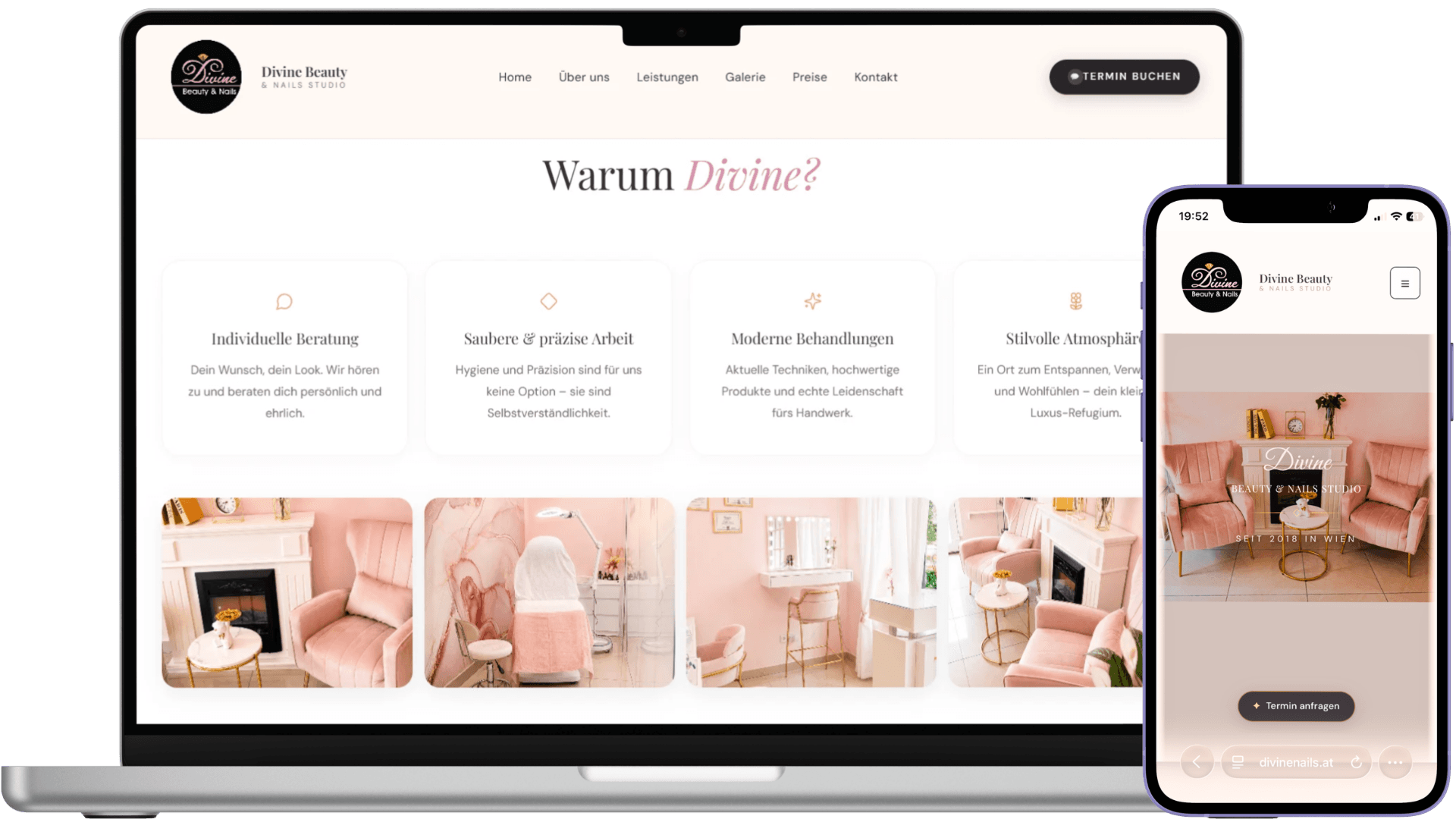 Website von Divine Beauty & Nails auf Smartphone und Desktop