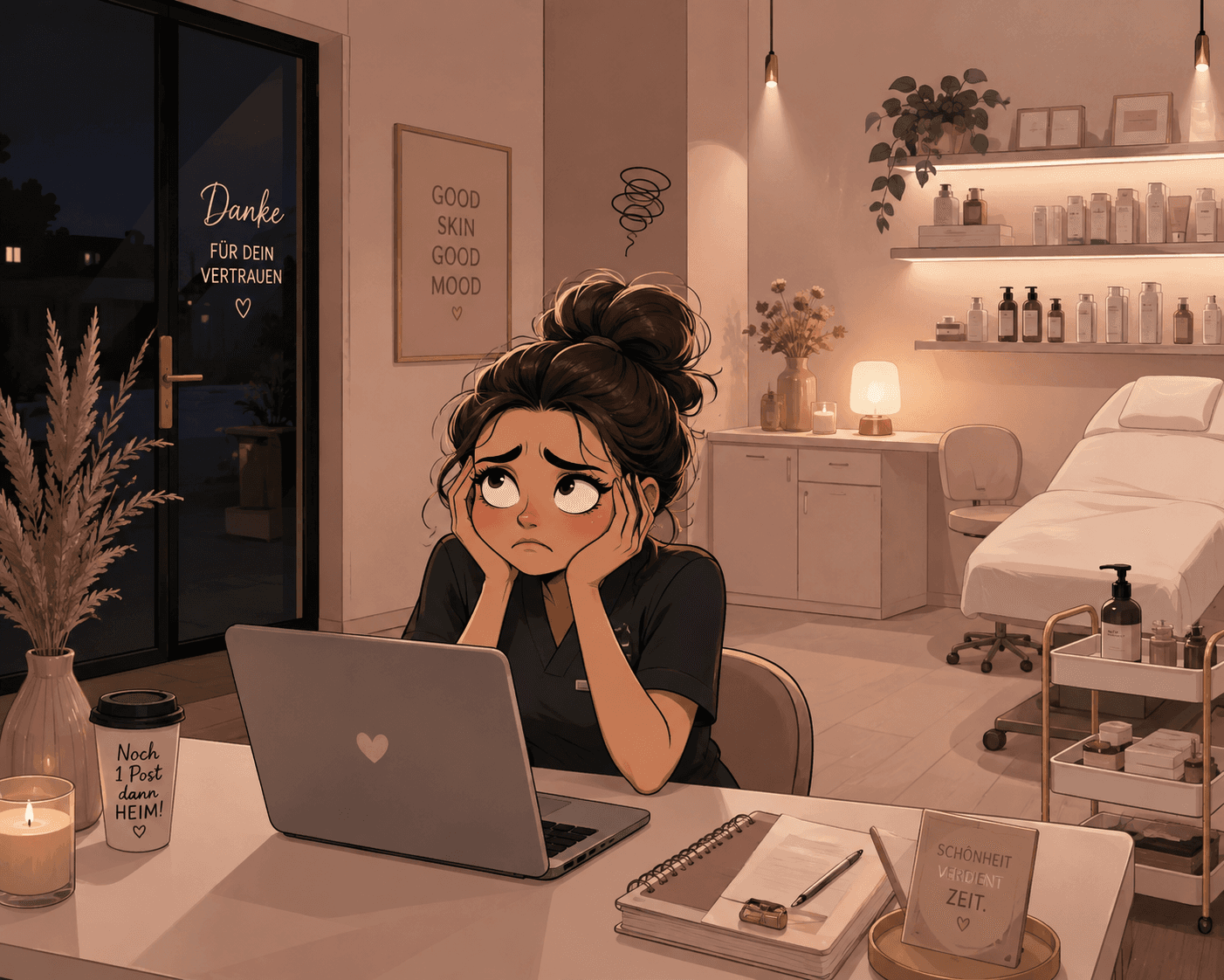 Illustration einer erschöpften Beauty-Studio-Betreiberin am Laptop, die sich mit Social-Media-Content abmüht